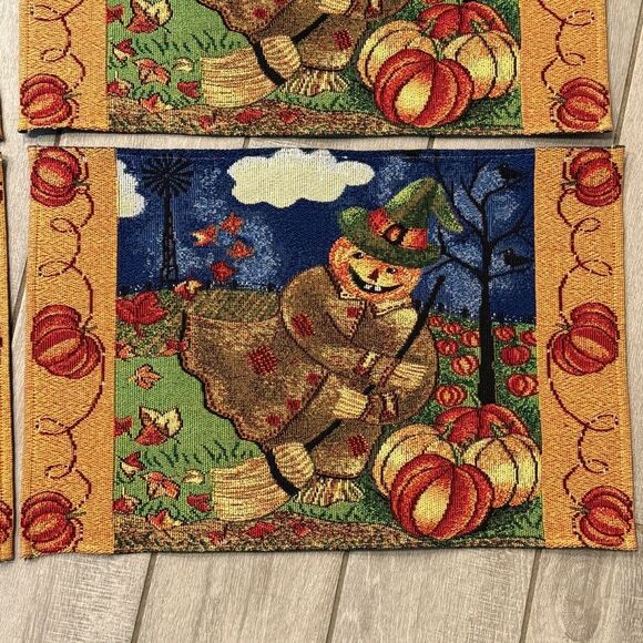 4 Vintage Scarecrow Tapestry Placemat Set Halloween Autumn - Picture 4 of 8